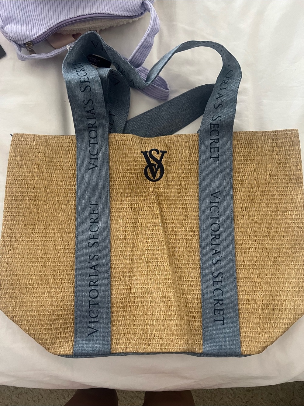 Victoria's Secret Natural Straw Tote with Blue Logo Straps and VS Monogram